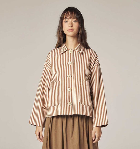 Amente Stripe Button Down Jacket - Cream/Brown - re - souL