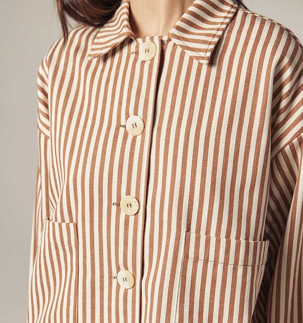 Amente Stripe Button Down Jacket - Cream/Brown - re - souL