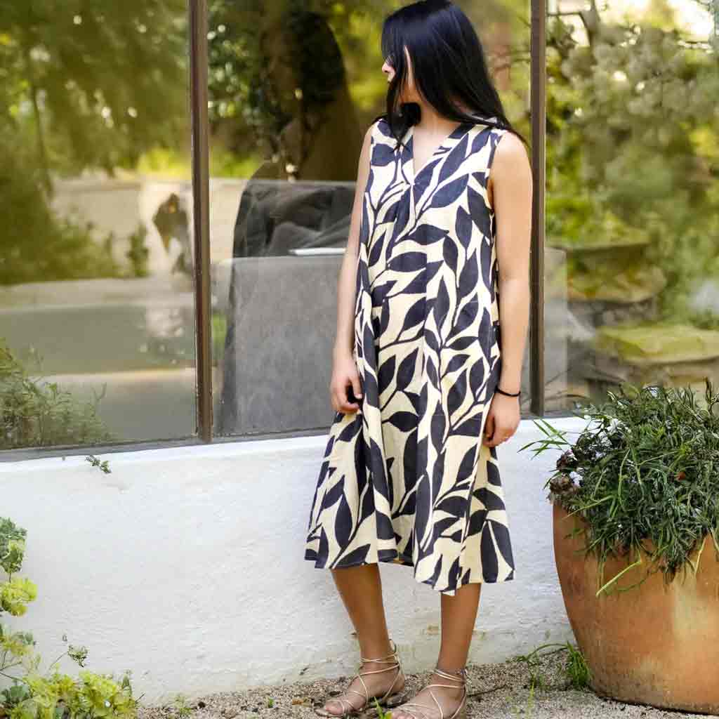 Ingrid Cotton Leaf Dress - Cream/Charcoal - re - souL