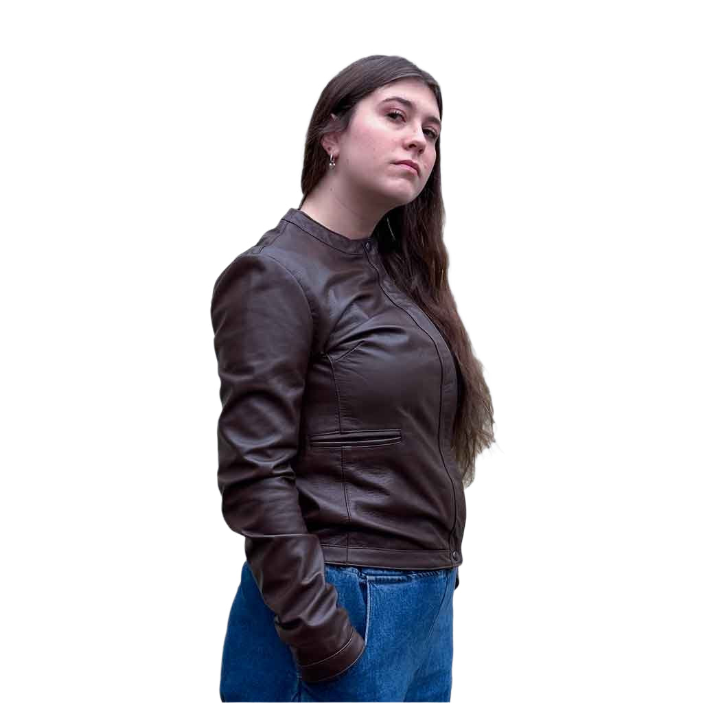 Jewel Neck Leather Jacket - Brown - re - souL