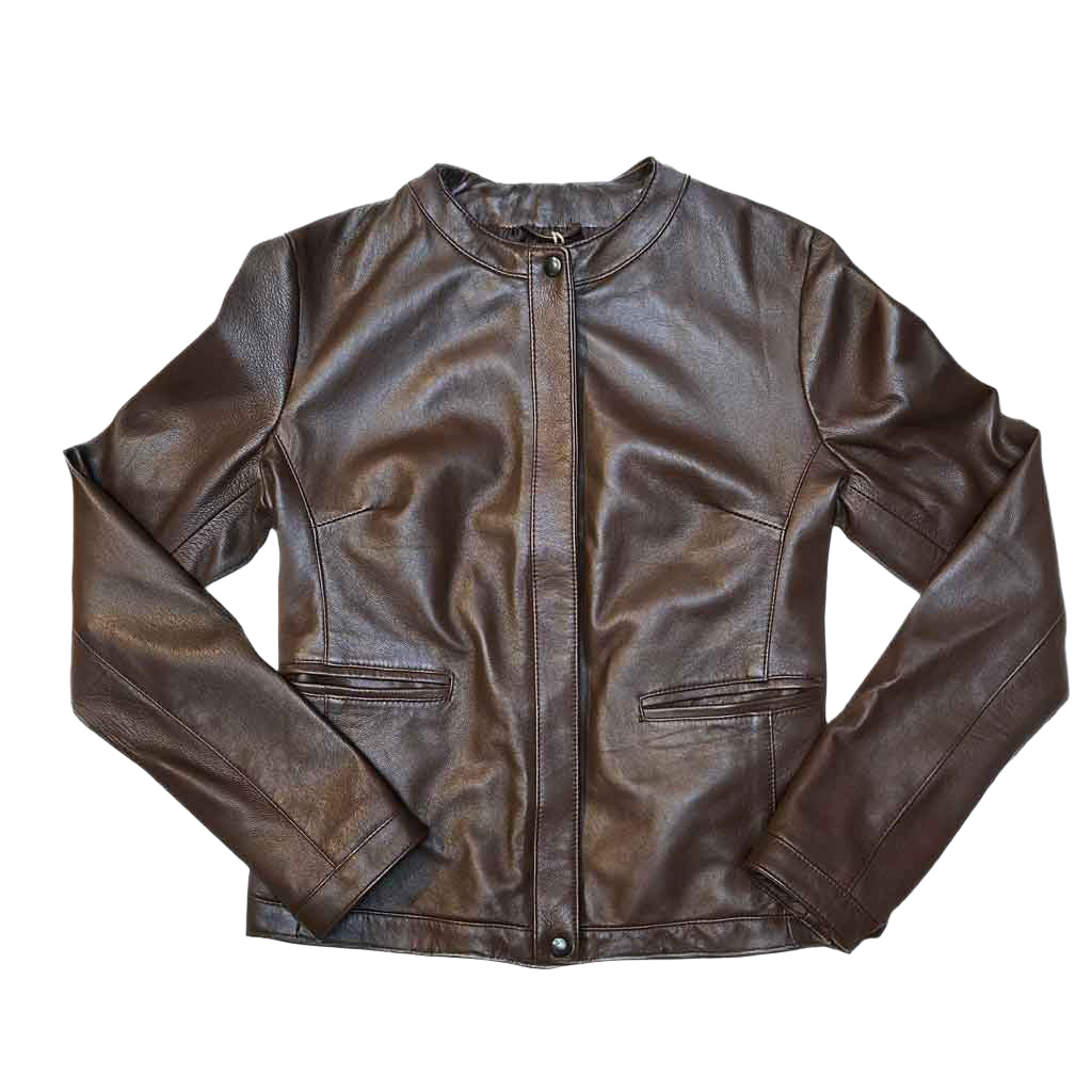 Jewel Neck Leather Jacket - Brown - re - souL