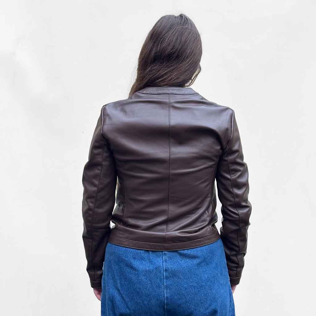 Jewel Neck Leather Jacket - Brown - re - souL