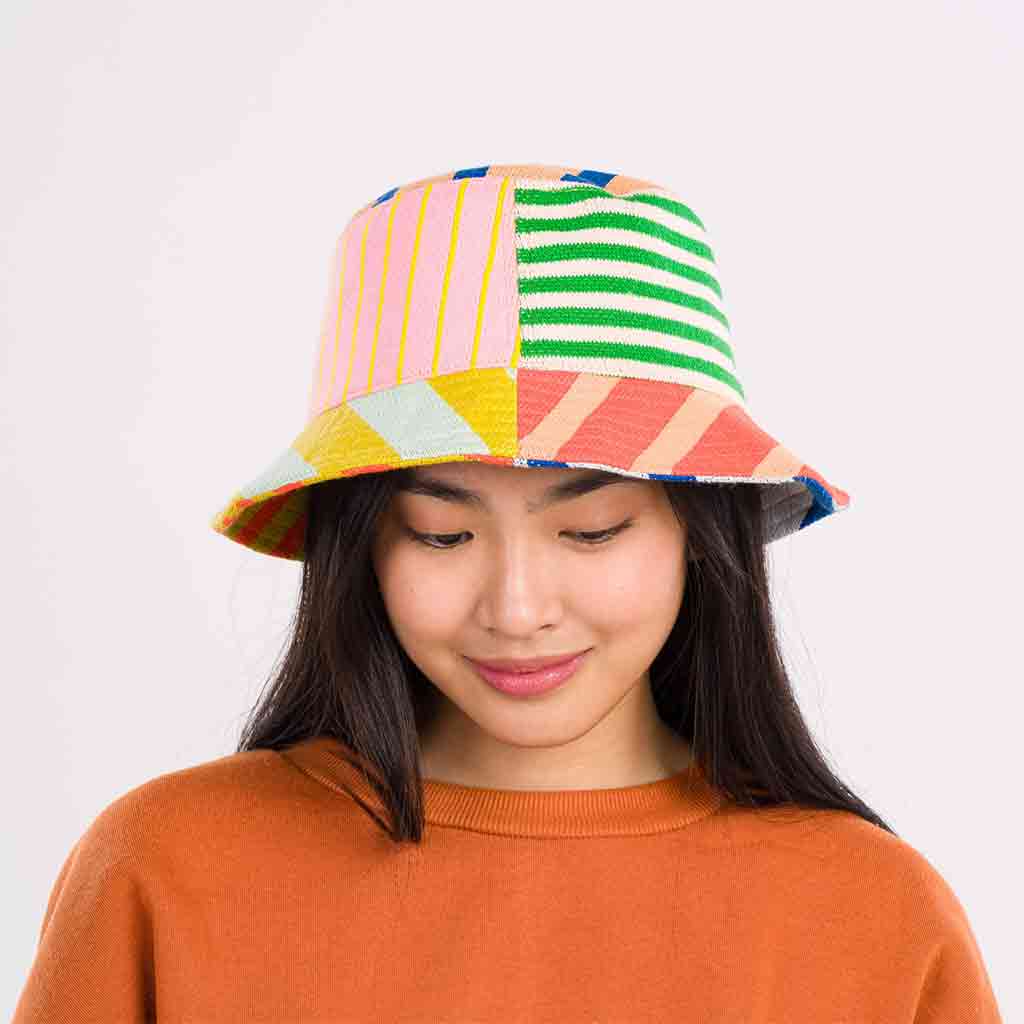 Patchwork Stripe Bucket Hat - Rainbow - re - souL