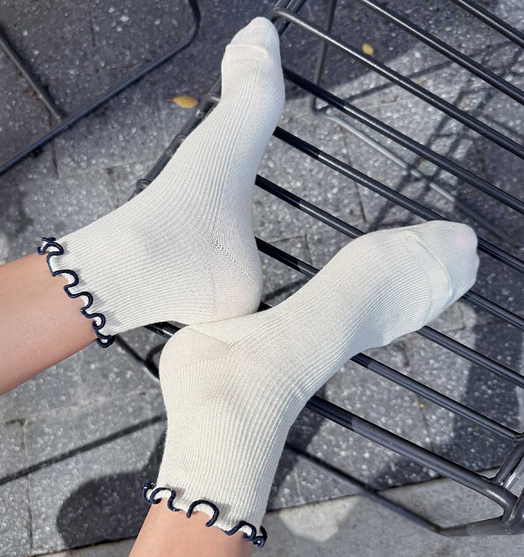 Petite Ruffled Modal Socks - Soft White/Navy - re - souL