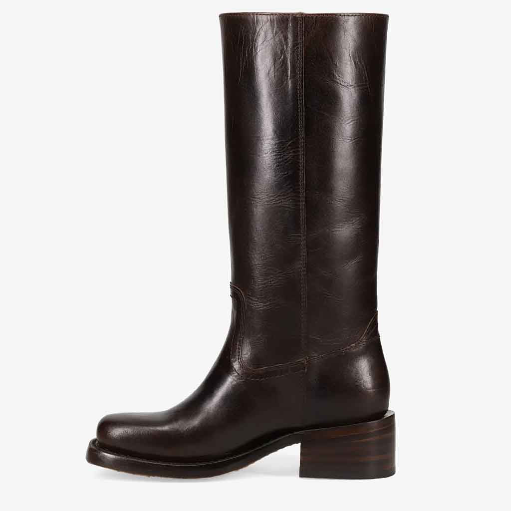 Brown leather knee-high boot on a white background