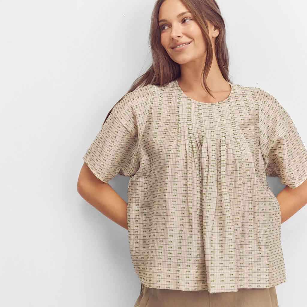 Short Sleeve Pleated Top - Beige/Green - re - souL