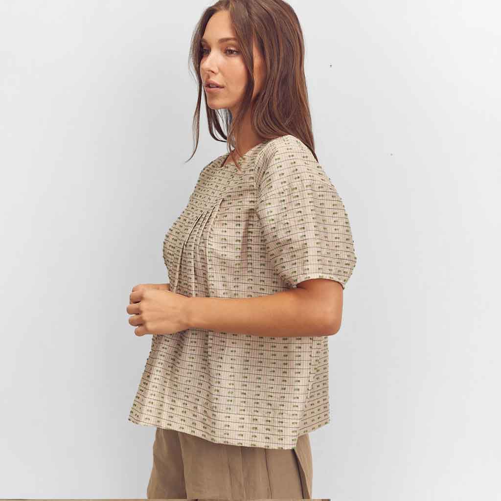 Short Sleeve Pleated Top - Beige/Green - re - souL