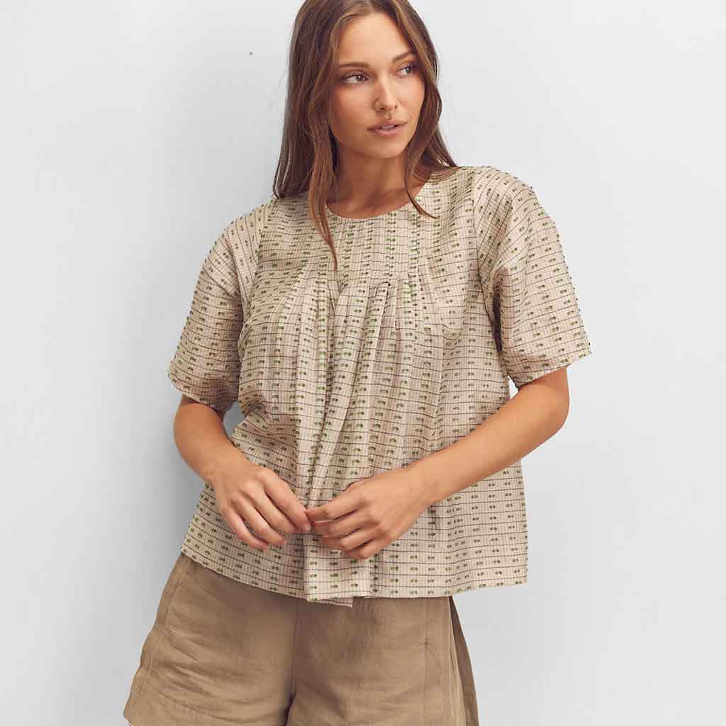 Short Sleeve Pleated Top - Beige/Green - re - souL
