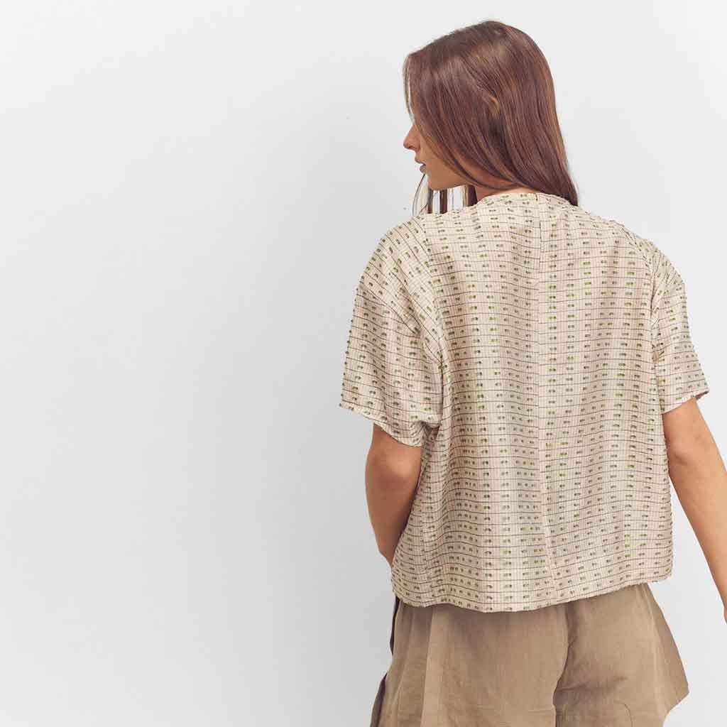 Short Sleeve Pleated Top - Beige/Green - re - souL