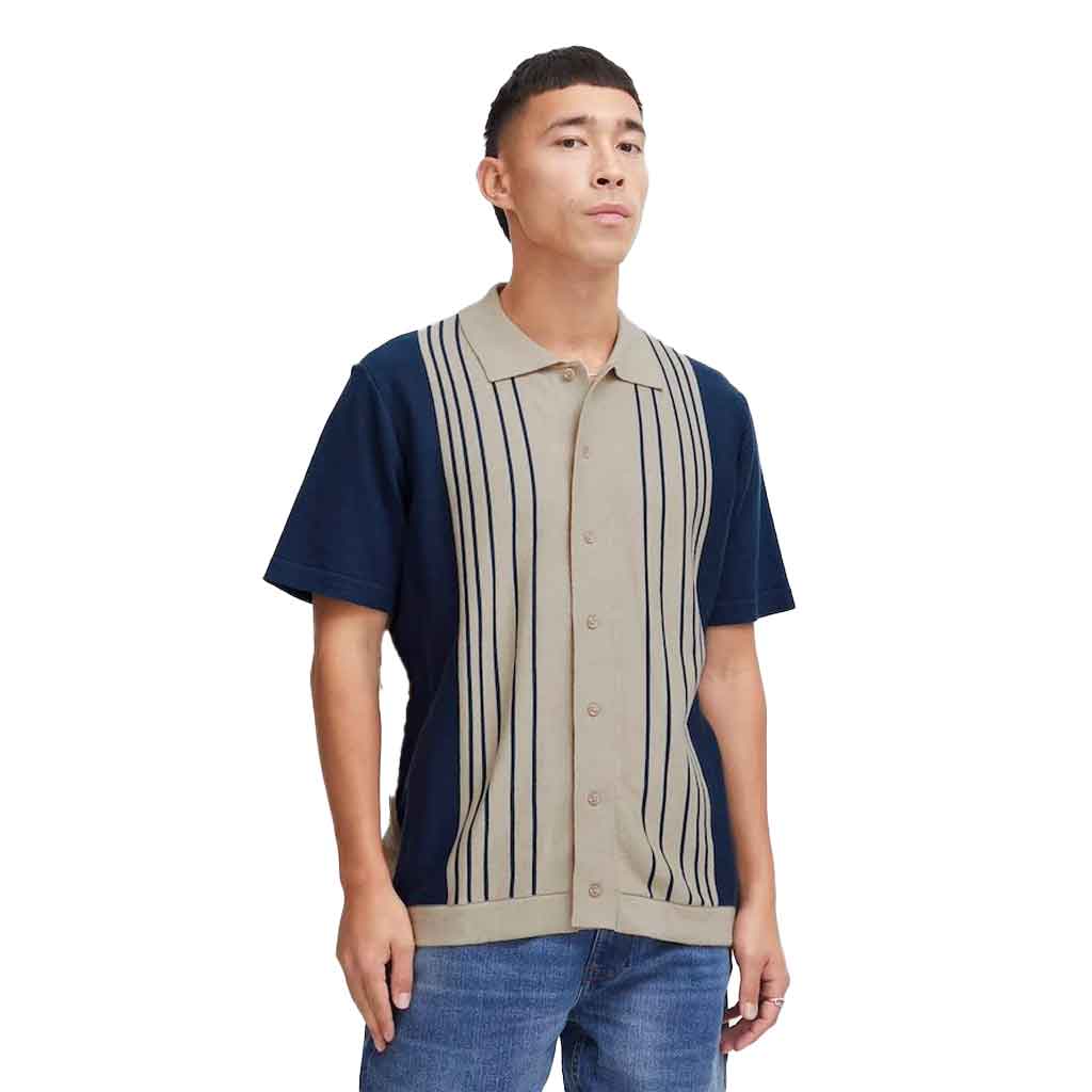 Blend Short Sleeve Sweater - Beige/Navy - re-souL