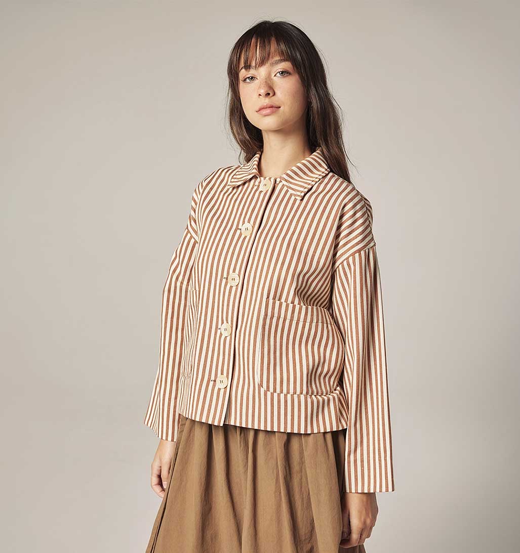 Amente Stripe Button Down Jacket - Cream/Brown - re - souL