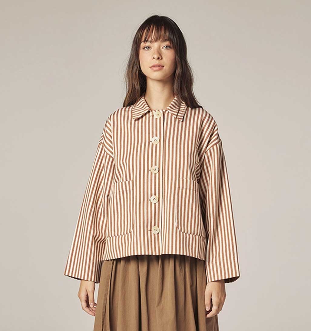 Amente Stripe Button Down Jacket - Cream/Brown - re - souL