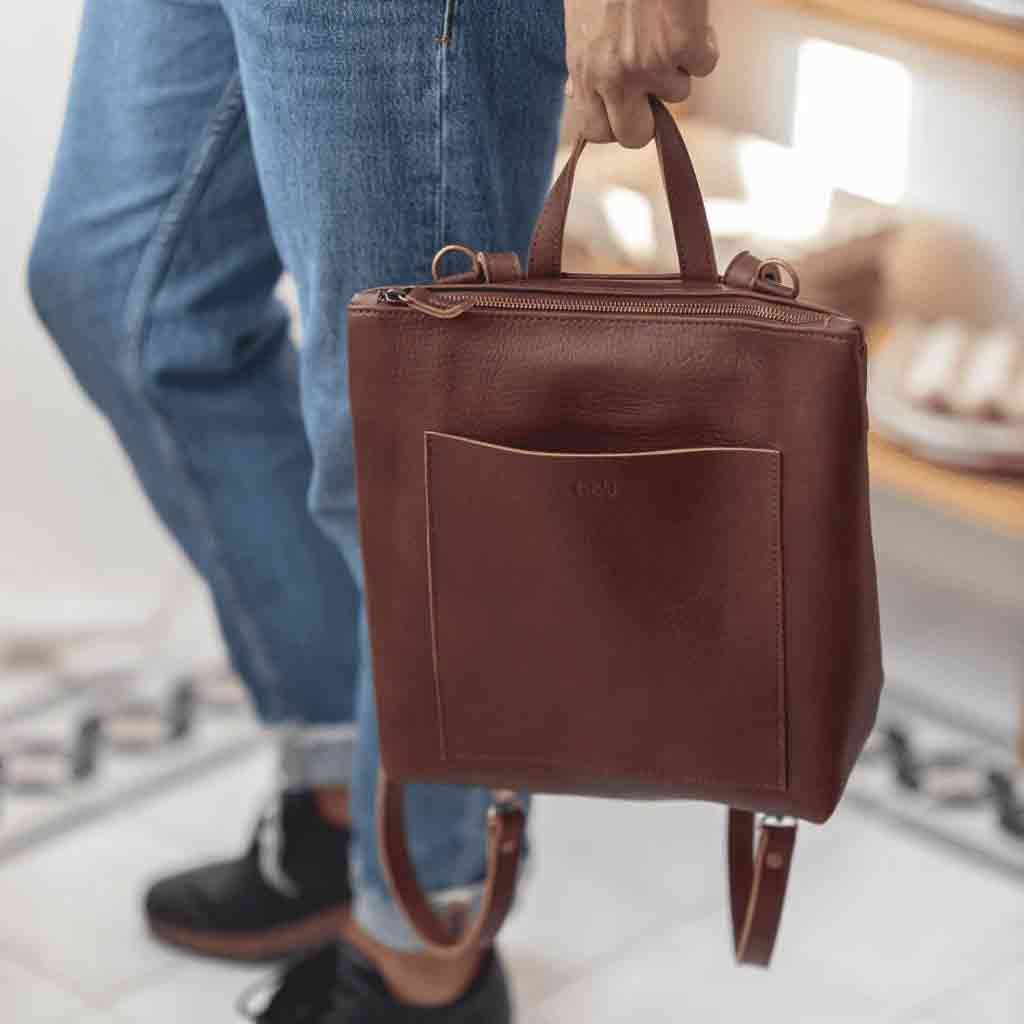 Convertible Leather Backpack / Tote Bag - Brown - re - souL