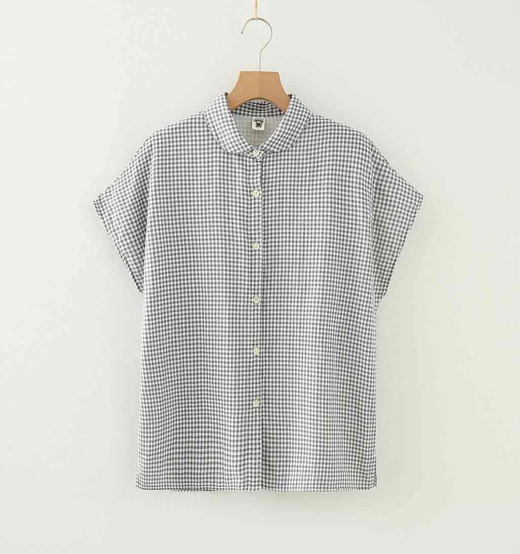 Cotton Button - Down Cap Sleeve Blouse - Blue Gingham - re - souL