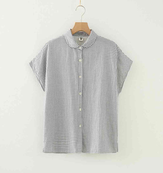 Cotton Button - Down Cap Sleeve Blouse - Blue Gingham - re - souL