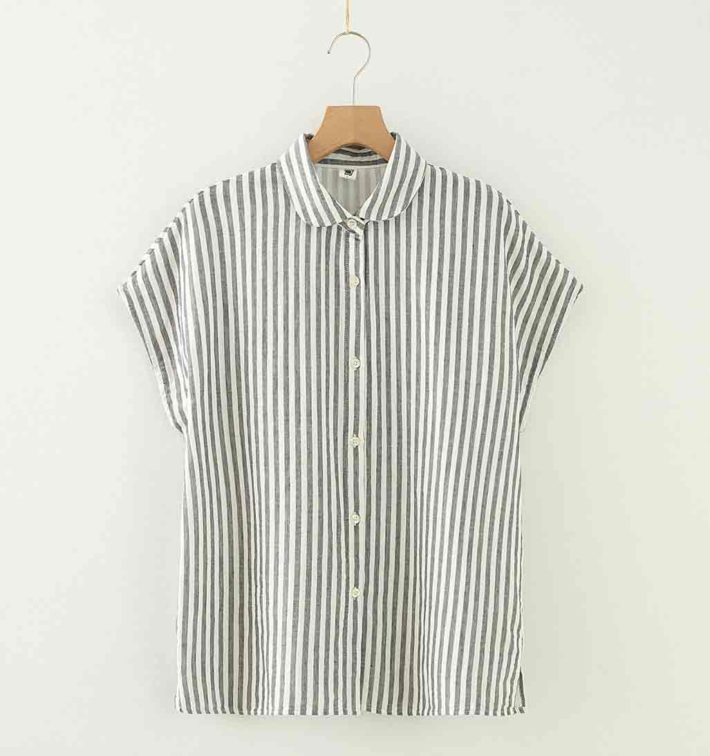 Cotton Button - Down Cap Sleeve Blouse - Gray Stripe - re - souL