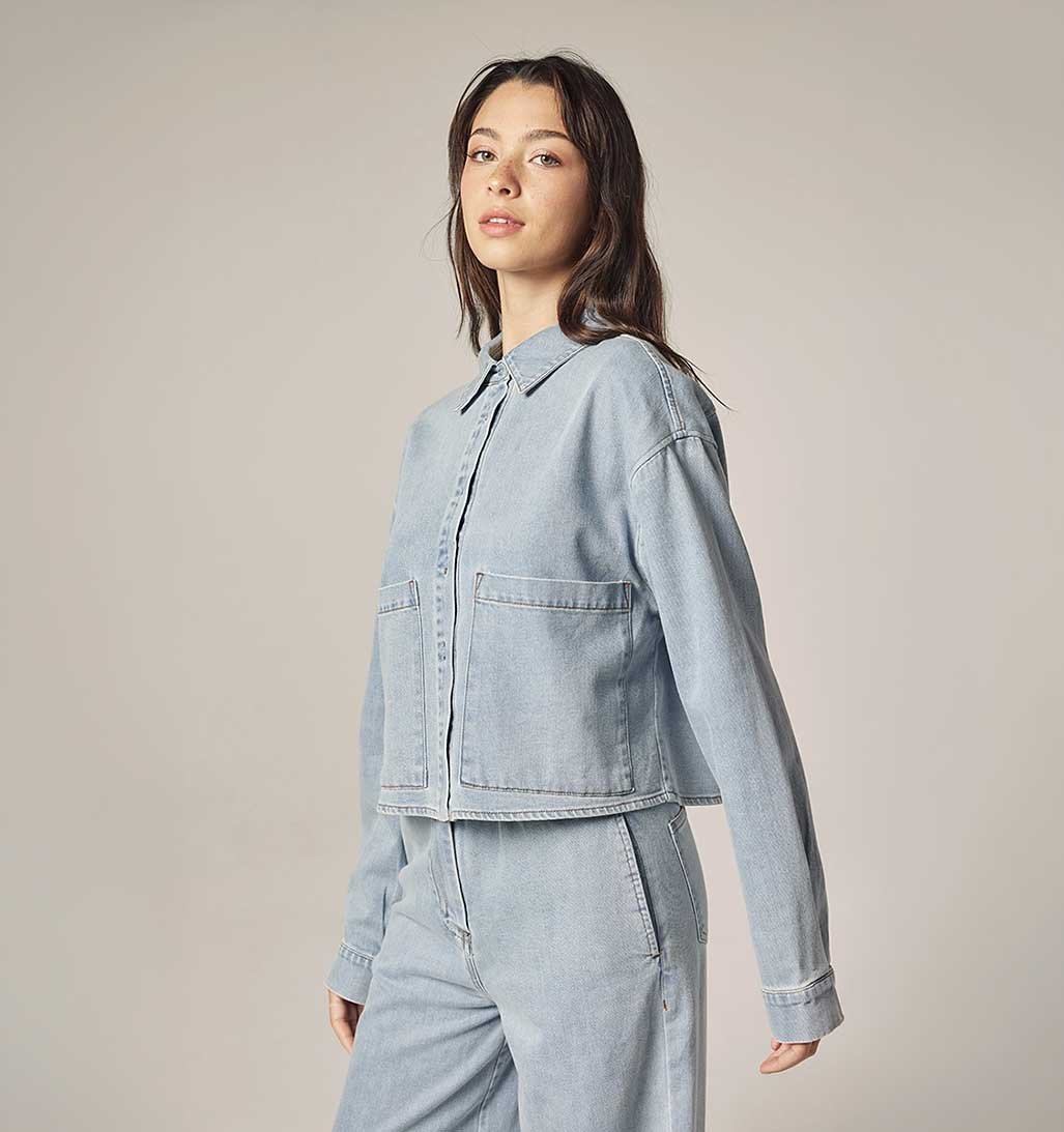 Cropped Denim Shirt - Light Wash Blue - re - souL