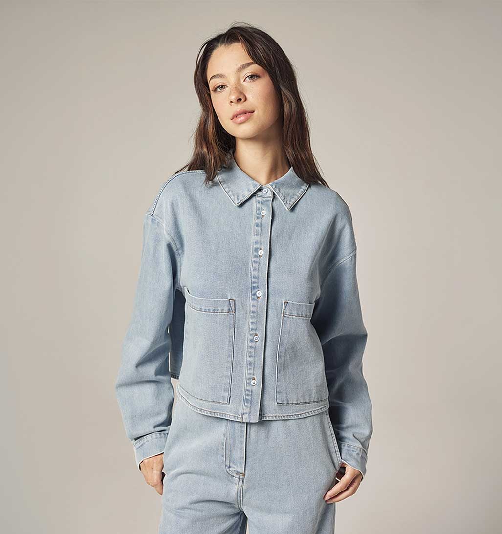 Cropped Denim Shirt - Light Wash Blue - re - souL