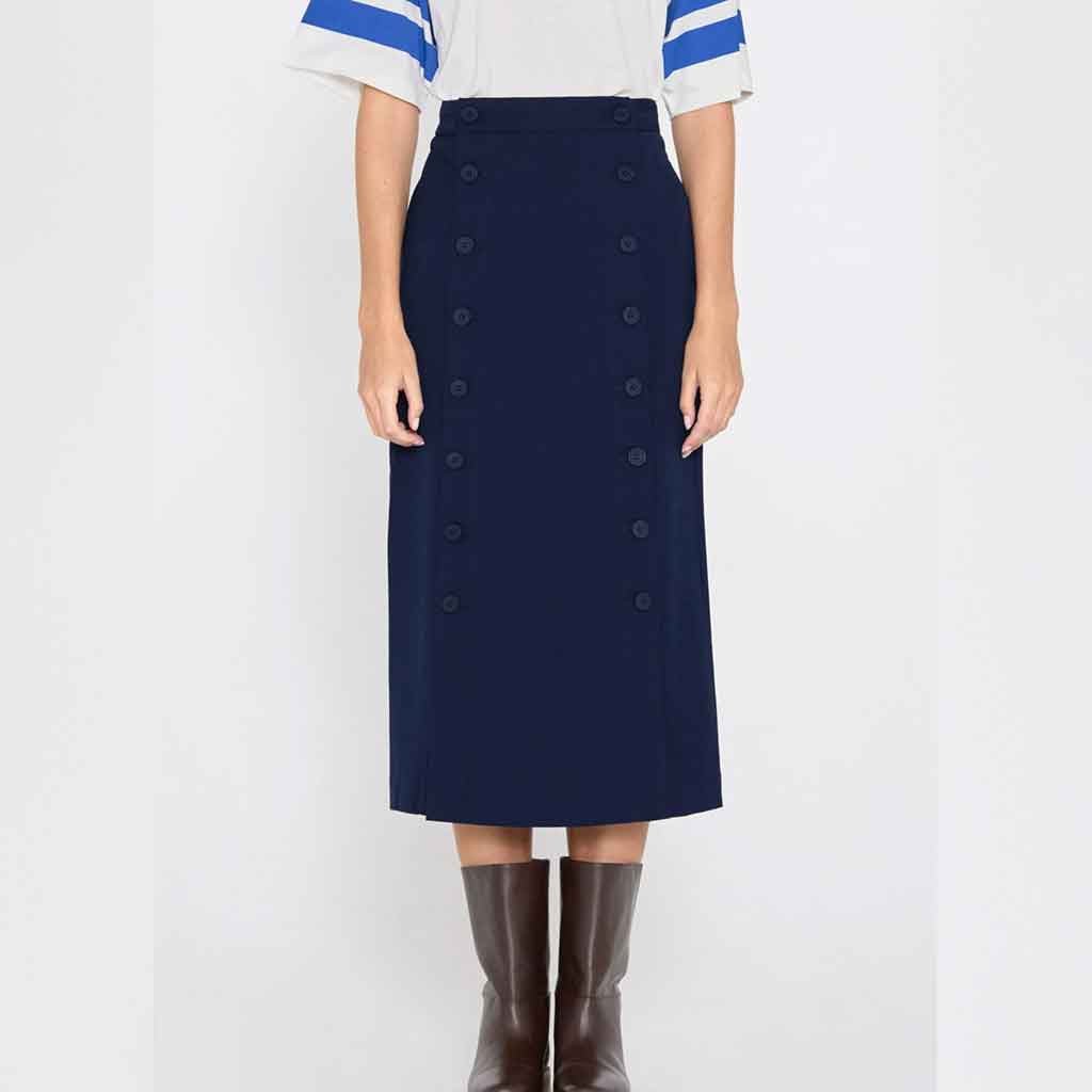 Double Buttoned Midi Skirt - Navy - re - souL