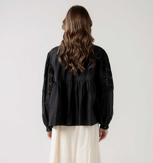 Eyelet Lace Long Sleeve Blouse - Black - re - souL