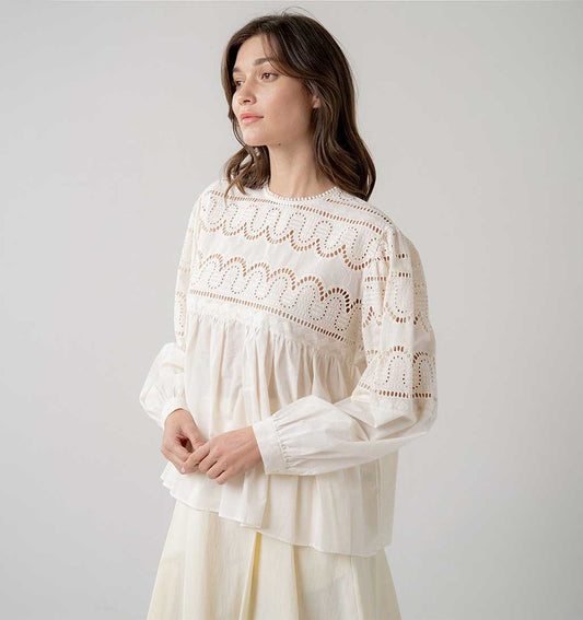 Eyelet Lace Long Sleeve Blouse - Cream - re - souL