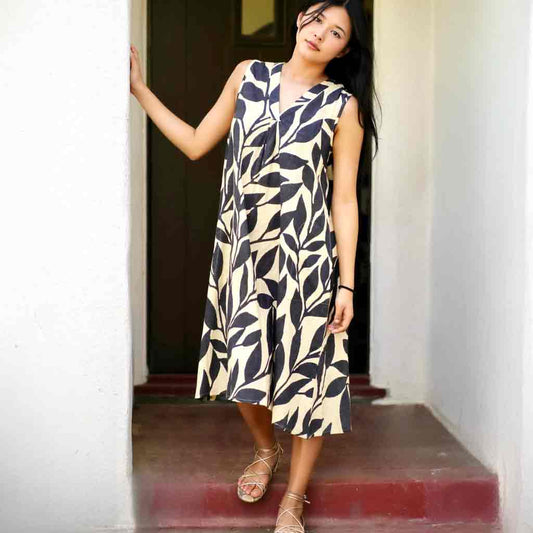 Ingrid Cotton Leaf Dress - Cream/Charcoal - re - souL