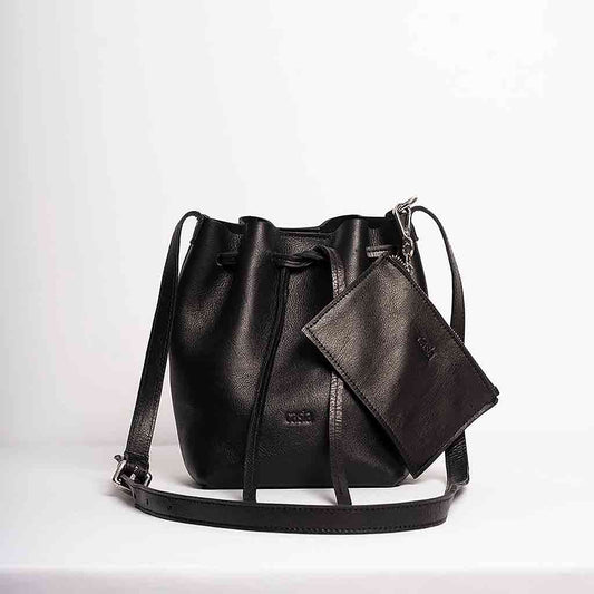 Leather Drawstring Crossbody Bucket Bag - Black - re - souL