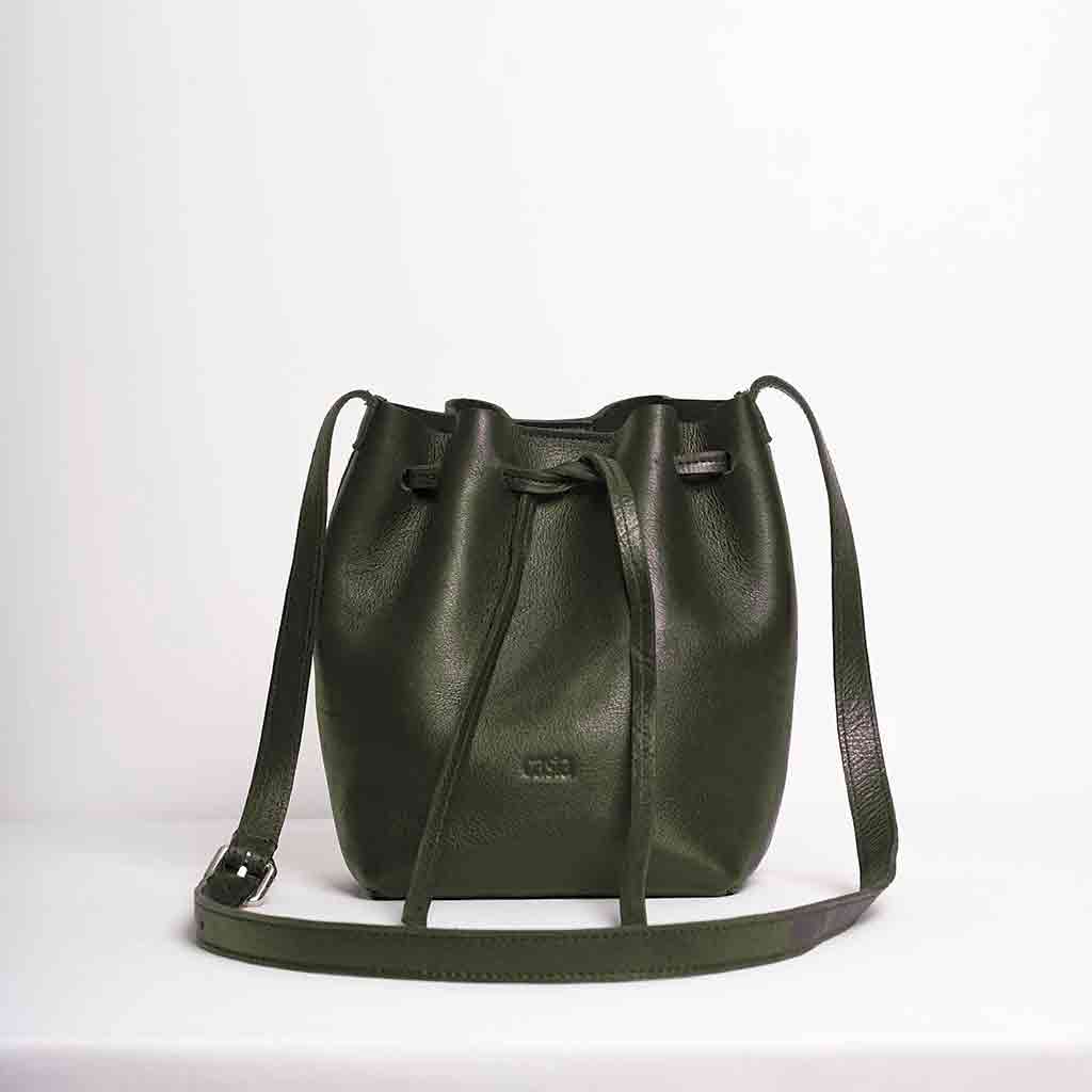Leather Drawstring Crossbody Bucket Bag - Green - re - souL
