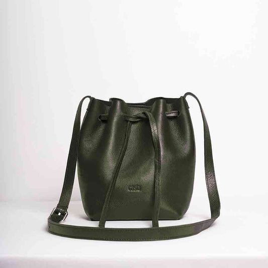 Leather Drawstring Crossbody Bucket Bag - Green - re - souL