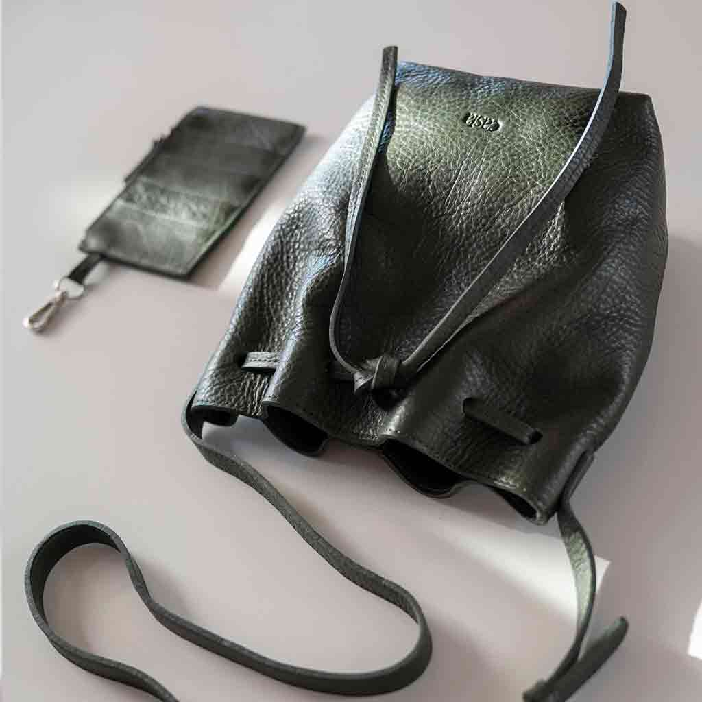 Leather Drawstring Crossbody Bucket Bag - Green - re - souL