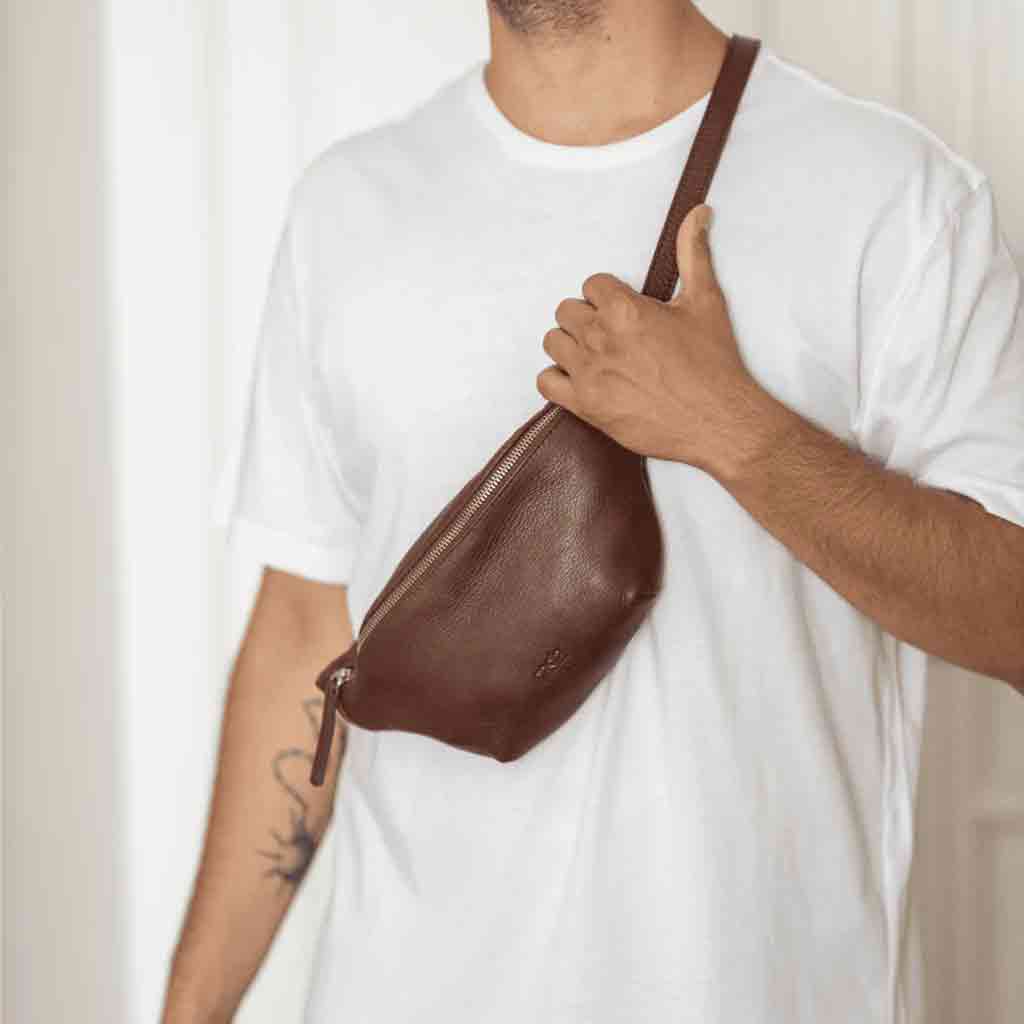 Leather Fanny Pack Sling Bag - Brown - re - souL