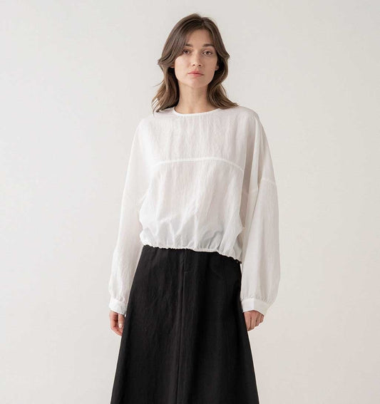 Long Sleeve Blouse with Elastic Hem - White - re - souL