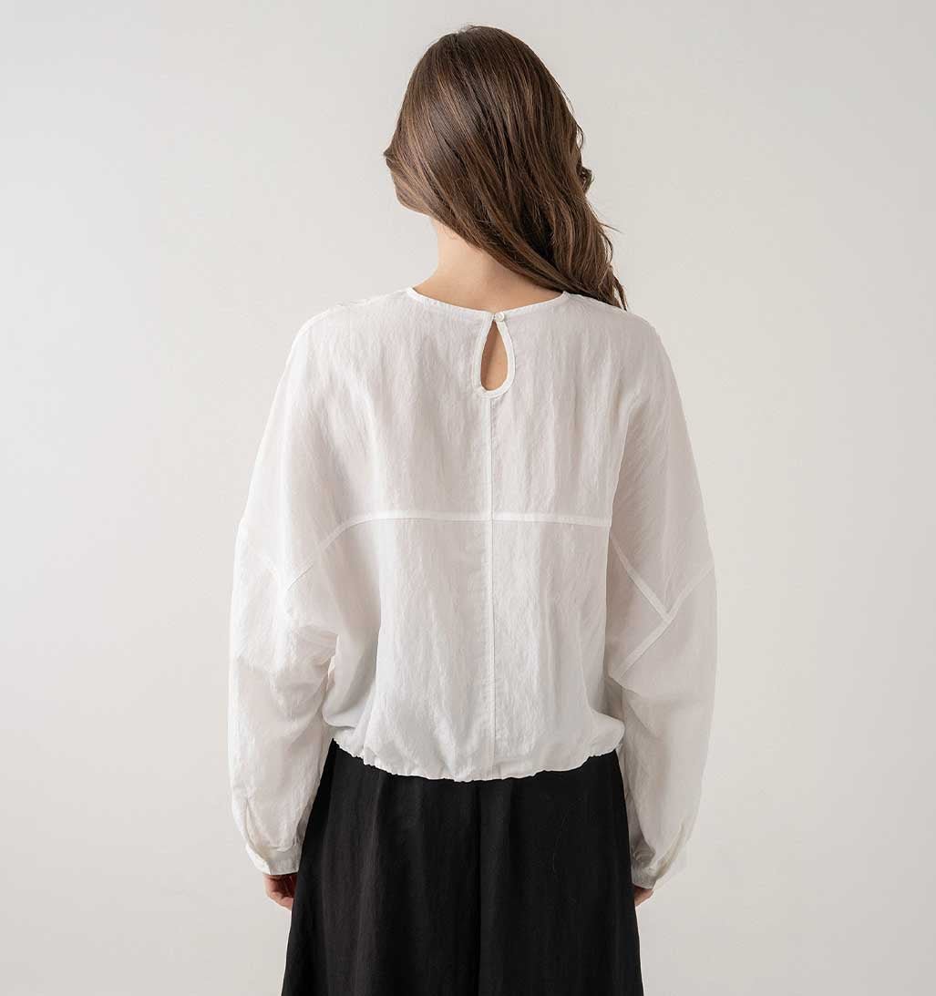 Long Sleeve Blouse with Elastic Hem - White - re - souL