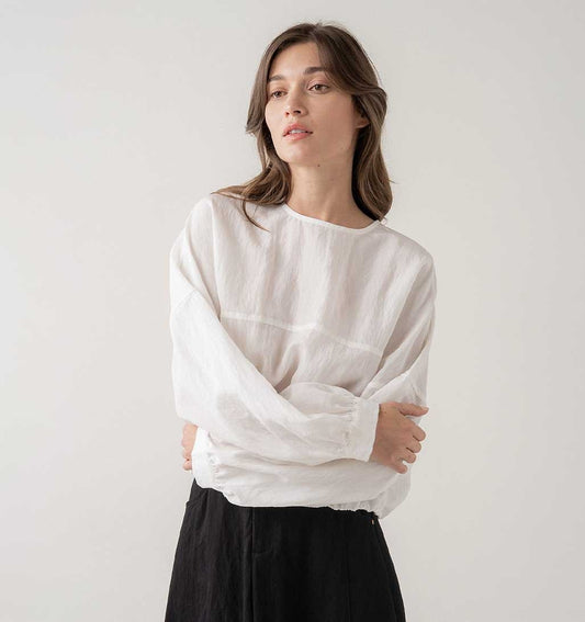 Long Sleeve Blouse with Elastic Hem - White - re - souL