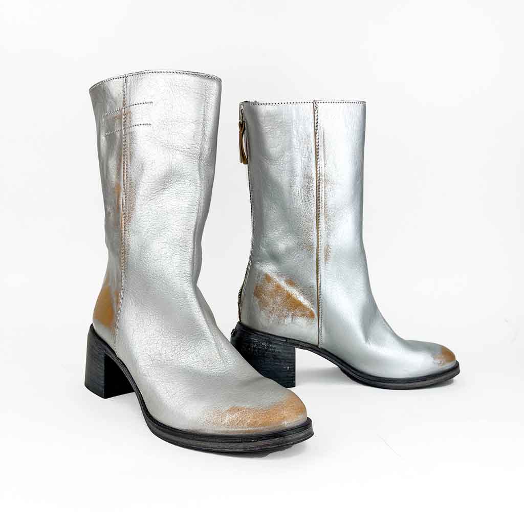 MOMA Mid Calf Metallic Boot - Silver - re - souL