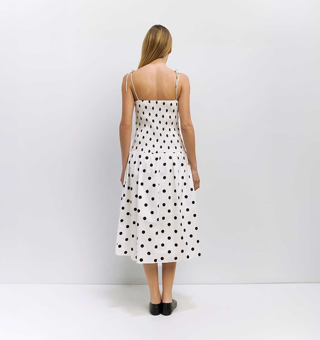 Natalie Smocked Polka Dot Midi Dress - White/Black - re - souL