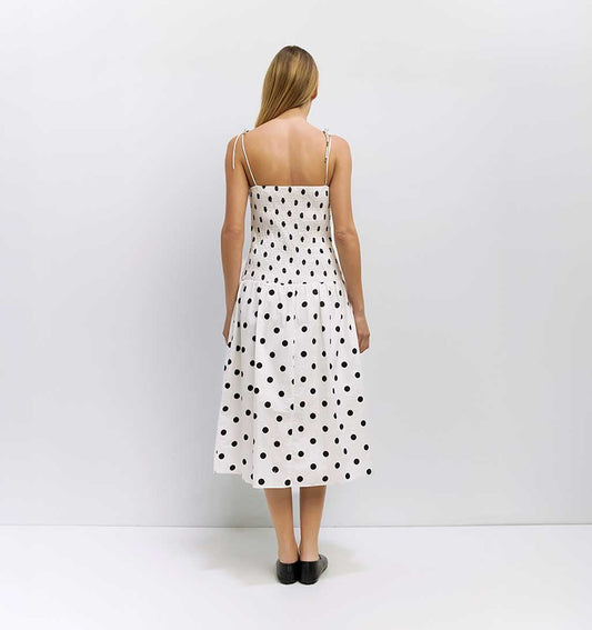 Natalie Smocked Polka Dot Midi Dress - White/Black - re - souL