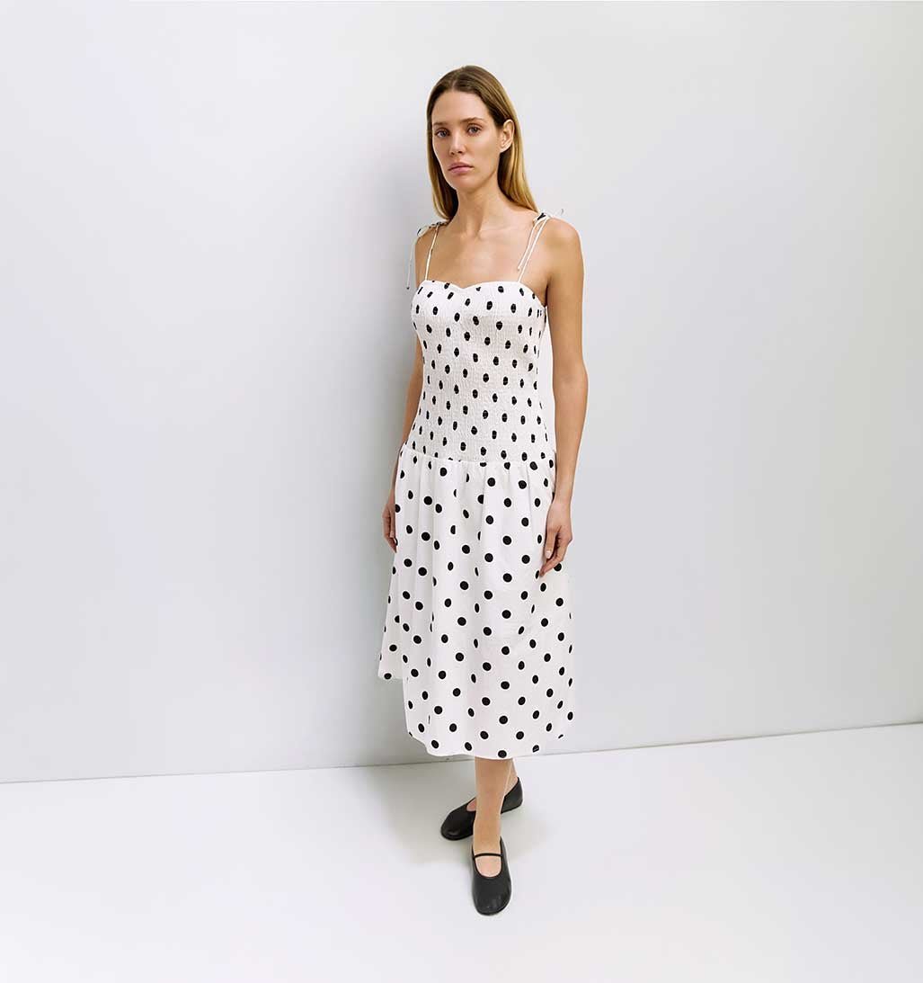 Natalie Smocked Polka Dot Midi Dress - White/Black - re - souL