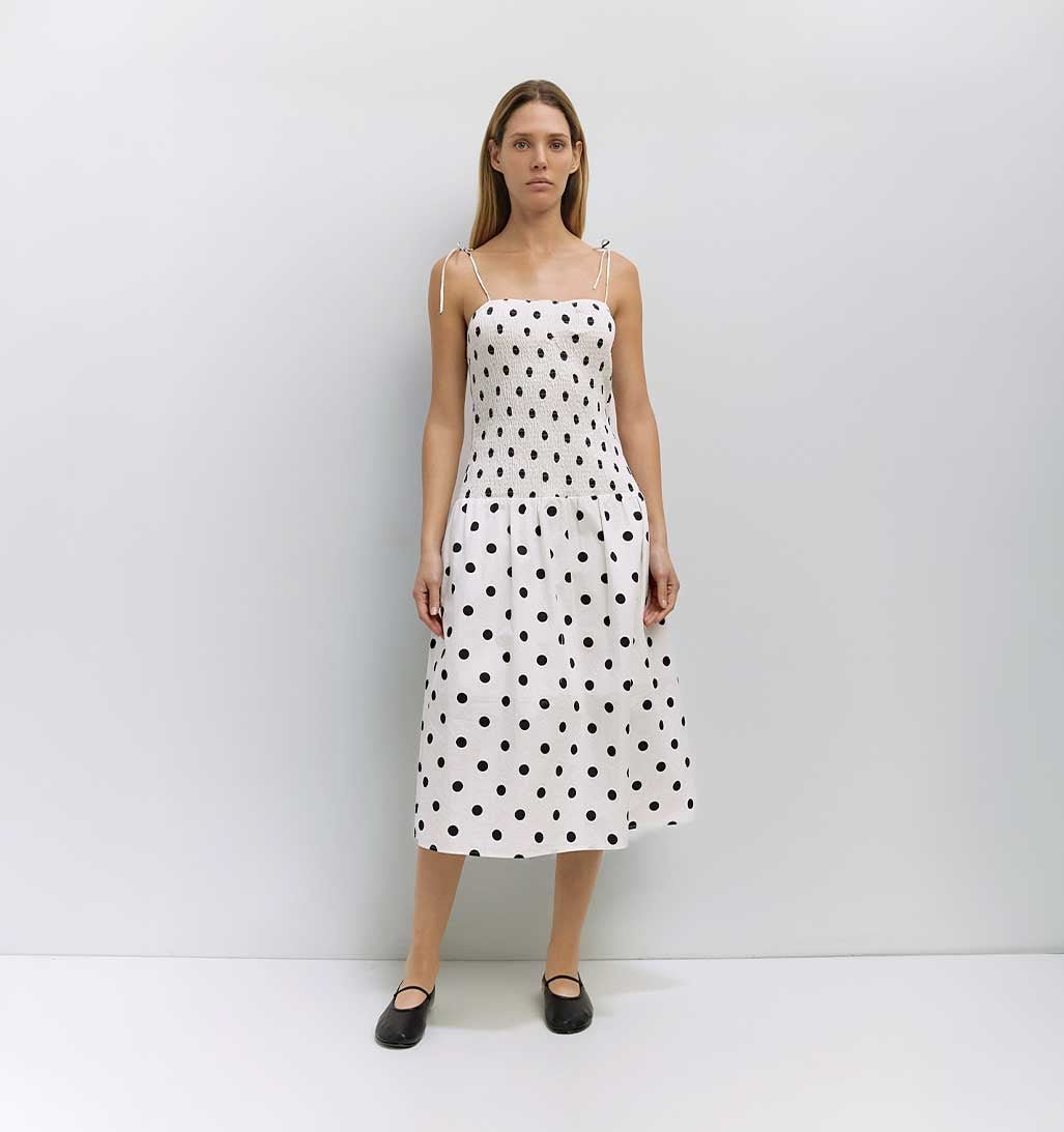 Natalie Smocked Polka Dot Midi Dress - White/Black - re - souL