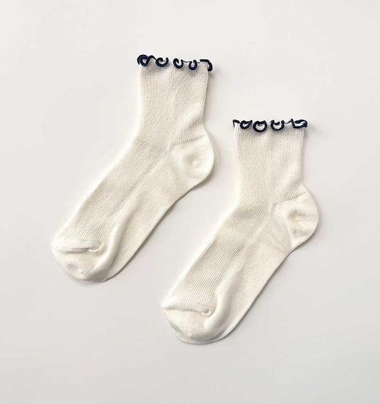 Petite Ruffled Modal Socks - Soft White/Navy - re - souL