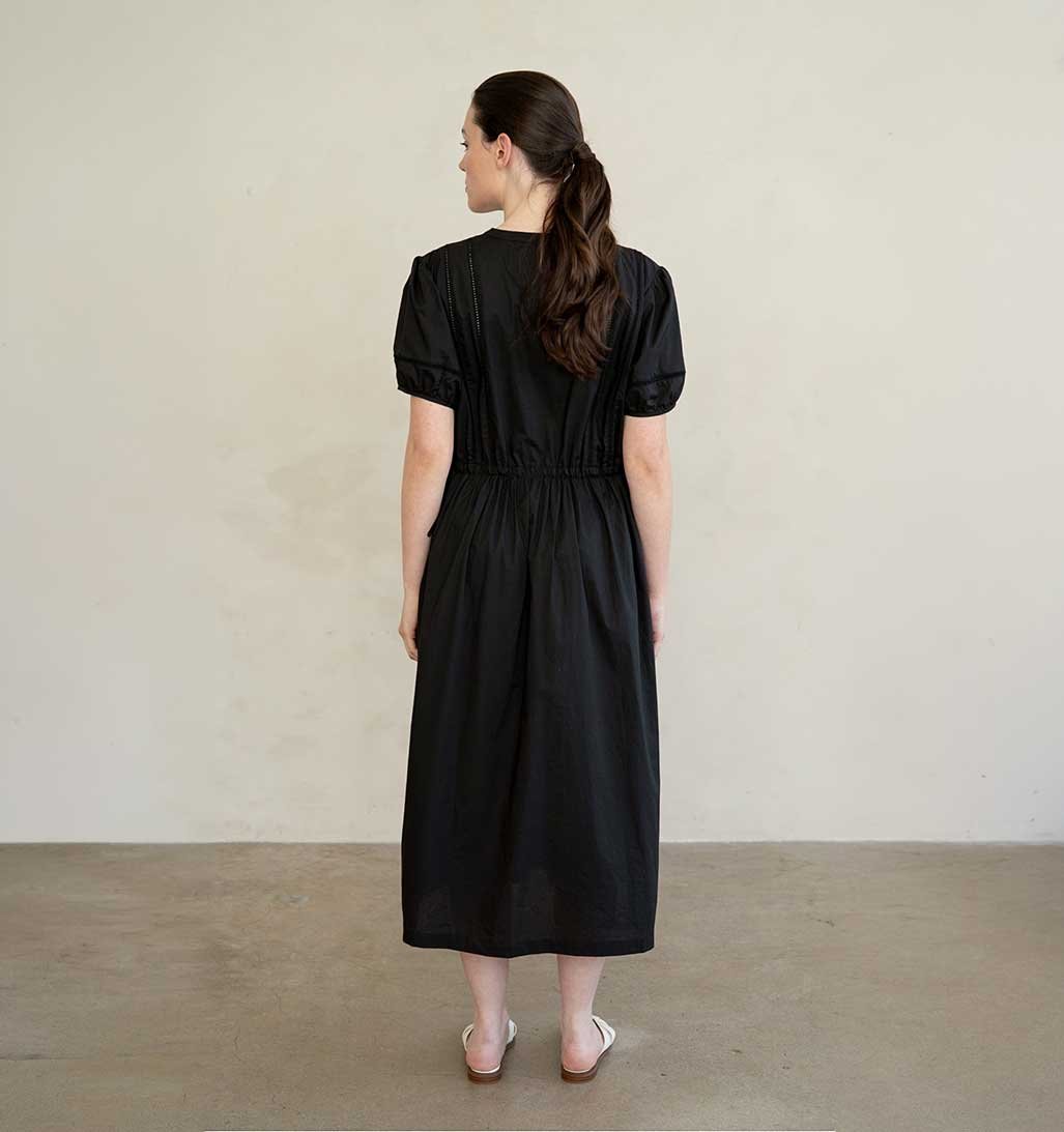 Pin Tuck Drawstring Midi Dress - Black - re - souL