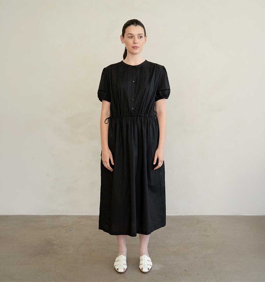 Pin Tuck Drawstring Midi Dress - Black - re - souL