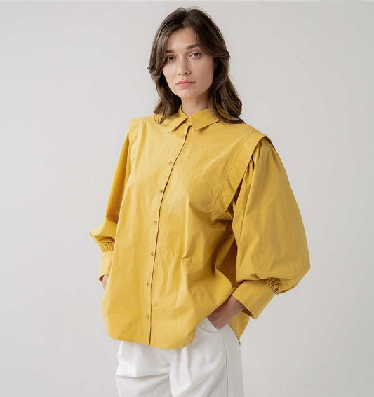 Pleated Balloon Sleeve Blouse - Mustard - re - souL