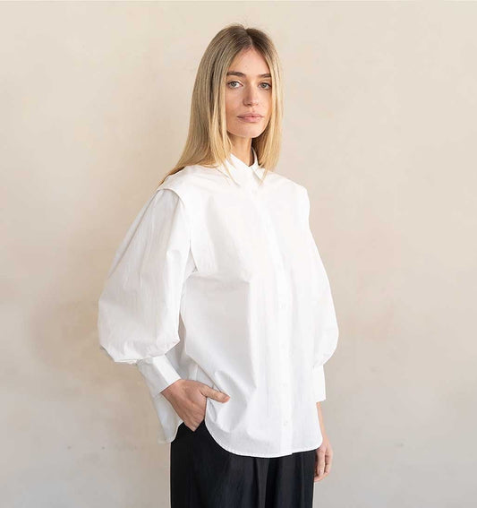 Pleated Balloon Sleeve Blouse - White - re - souL