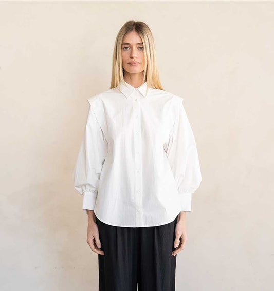 Pleated Balloon Sleeve Blouse - White - re - souL