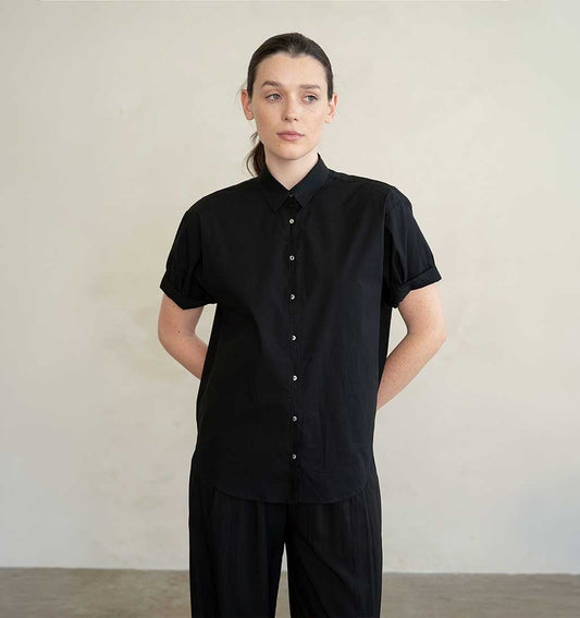 Rolled Short Sleeve Button - Up Shirt - Black - re - souL
