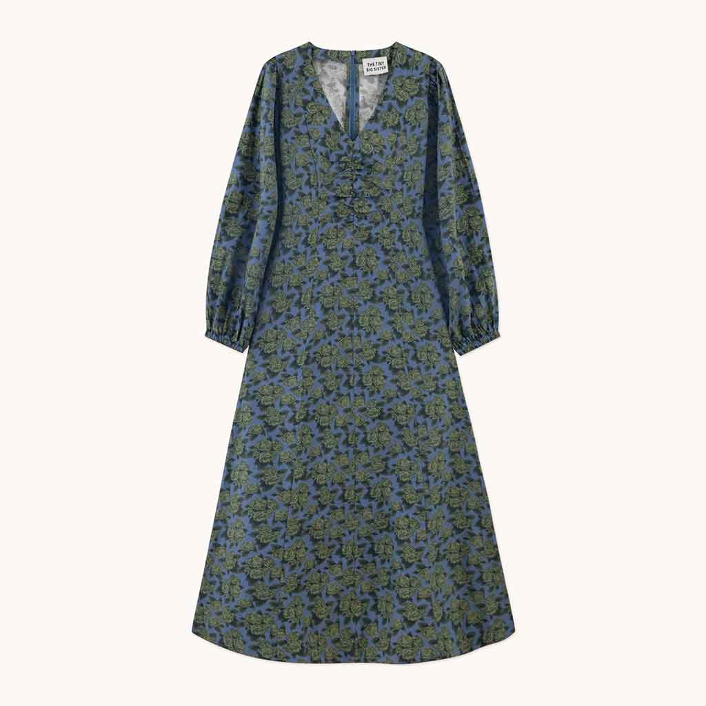 Roses Puff Sleeves Dress - Blue/Green - re - souL