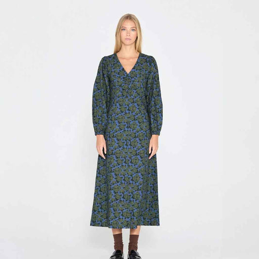 Roses Puff Sleeves Dress - Blue/Green - re - souL