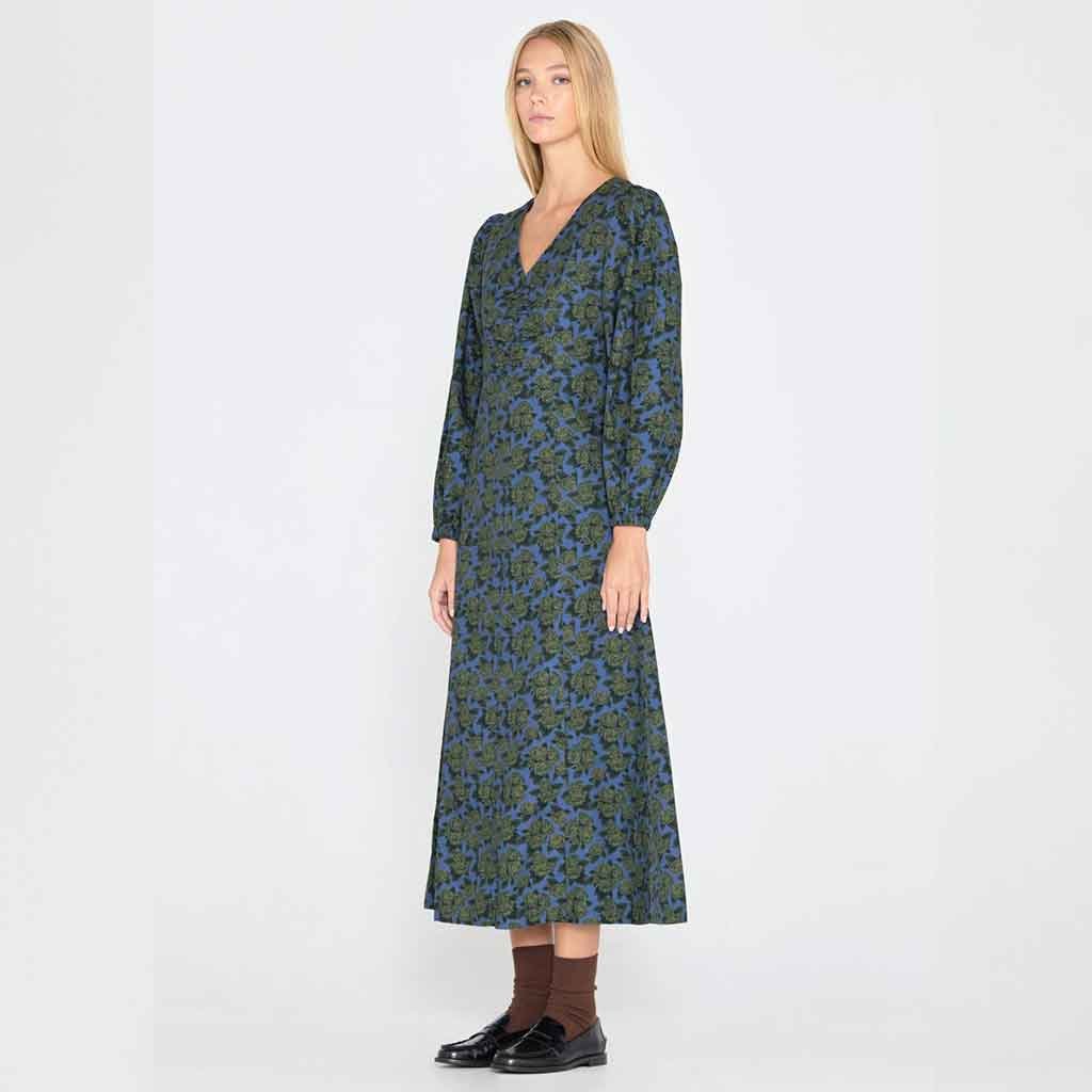 Roses Puff Sleeves Dress - Blue/Green - re - souL