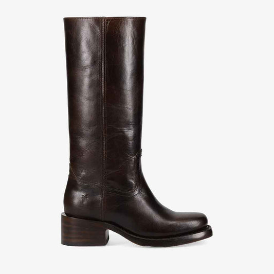 Brown leather knee-high boot on a white background